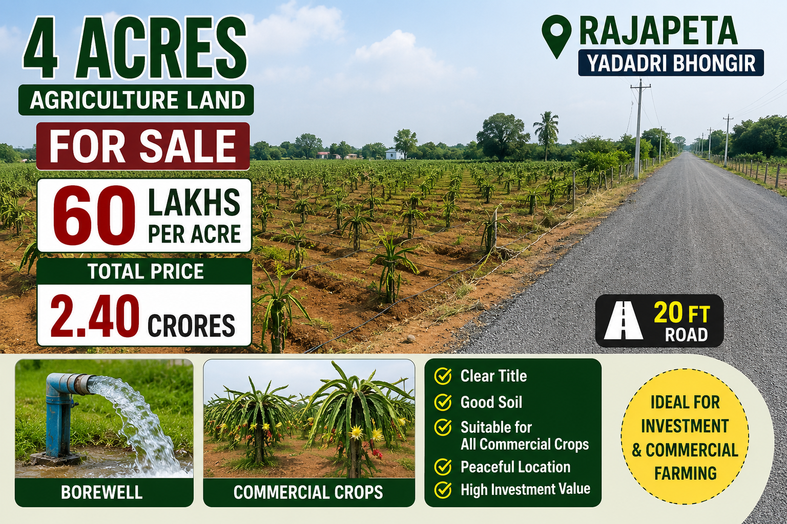 4 Acres Farmland with Borewell and Road Access in Rajapeta, Yadadri Bhongir