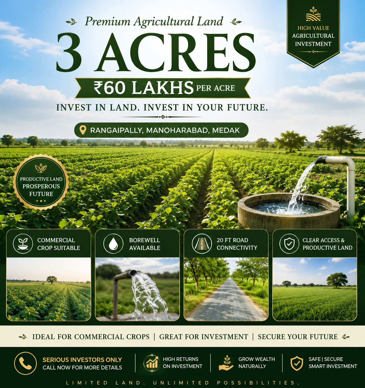 Premium Agricultural Farmland at Rangaipally Manoharabad Medak with Borewell and Road Access