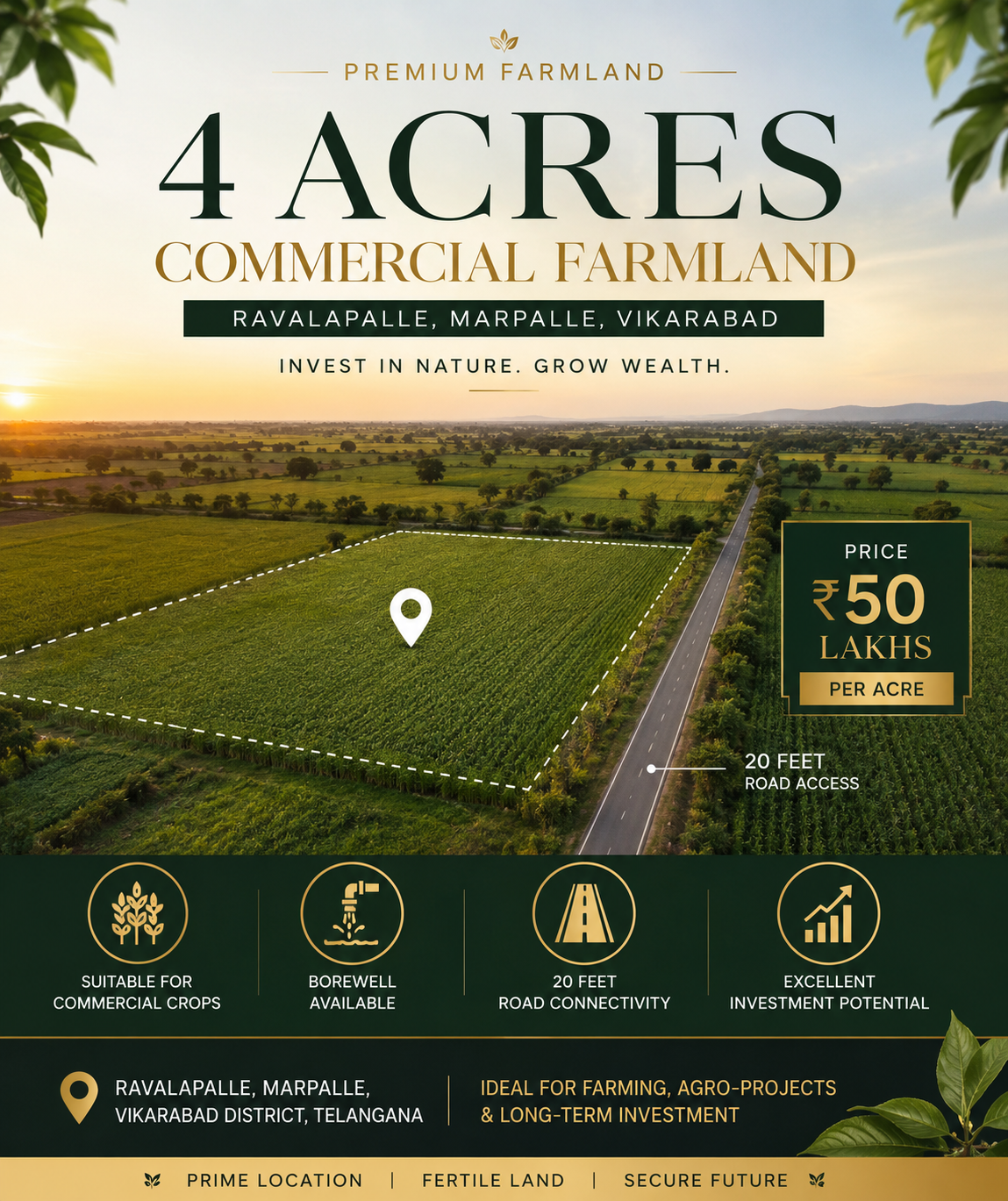 Aerial view of 4-acre commercial farmland in Ravalapalle, Marpalle, Vikarabad with borewell, 20-foot road connectivity, and investment potential