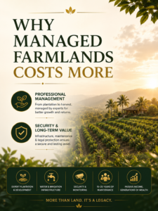 Why Managed Farmland Ventures Command a Premium Over Raw Agricultural Land. Luxury managed farmland with professionally maintained plantations, irrigation infrastructure, security monitoring, long-term maintenance, and wealth-building agricultural investment opportunities for investors and families.