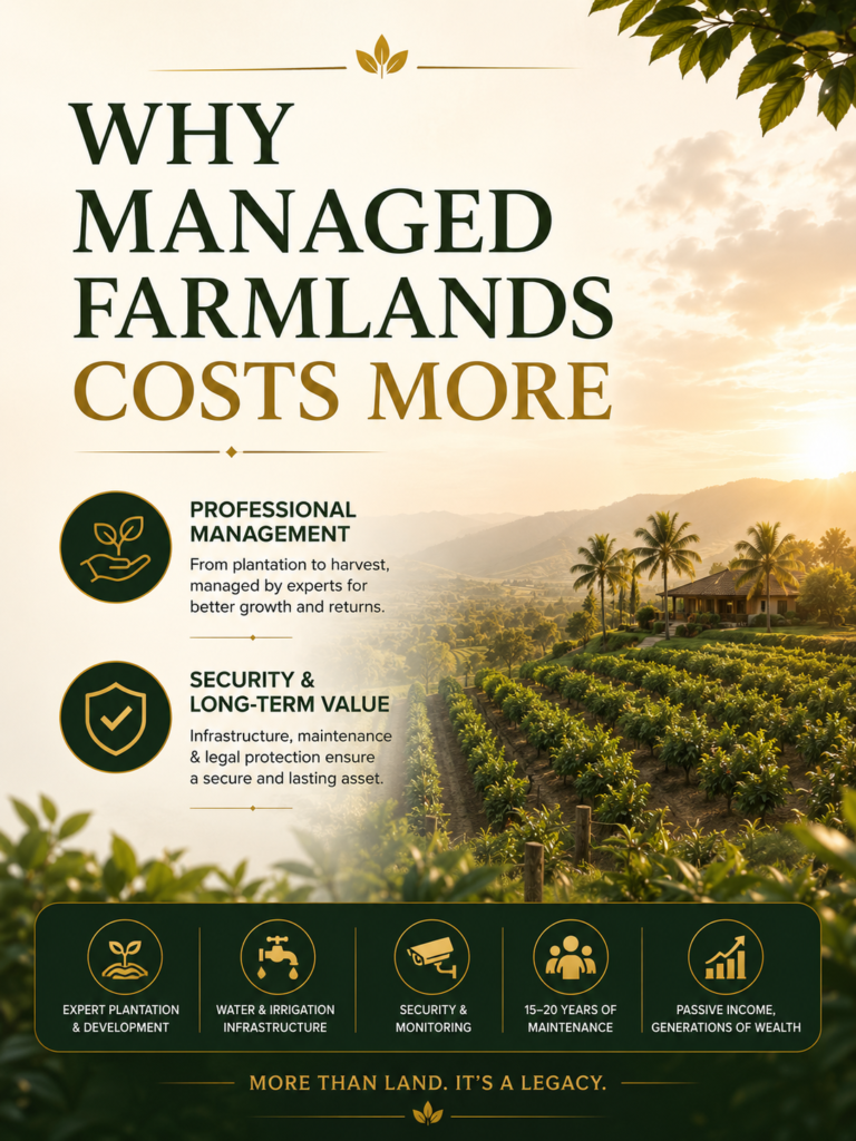 Why Managed Farmland Ventures Command a Premium Over Raw Agricultural Land. Luxury managed farmland with professionally maintained plantations, irrigation infrastructure, security monitoring, long-term maintenance, and wealth-building agricultural investment opportunities for investors and families.