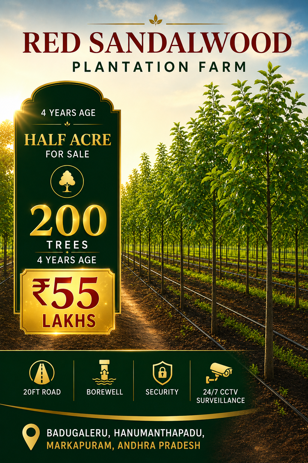Premium 4-Year Red Sandalwood Plantation Farm – Half Acre with 200 Trees at Badugaleru, Andhra Pradesh