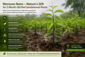 Two-month-old Red Sandalwood (Pterocarpus santalinus) plants thriving during the monsoon season with lush green leaves, strong root development, improved soil fertility, and healthy plantation growth in India.