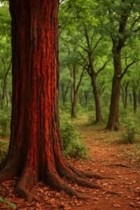 Premium Red Sandalwood (Pterocarpus santalinus) tree growing in a managed plantation in Andhra Pradesh's Eastern Ghats for sustainable agroforestry and long-term timber cultivation.