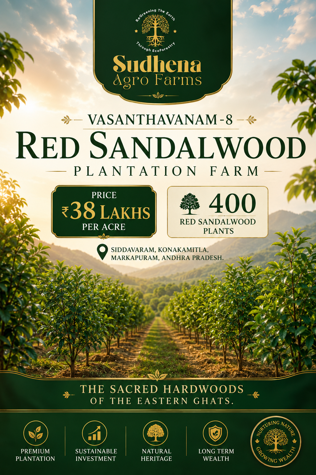 Sudhena Agro Farms Vasanthavanam-8 Red Sandalwood Plantation Farm – ₹38 Lakhs Per Acre with 400 Red Sandalwood Plants in Siddavaram, Andhra Pradesh