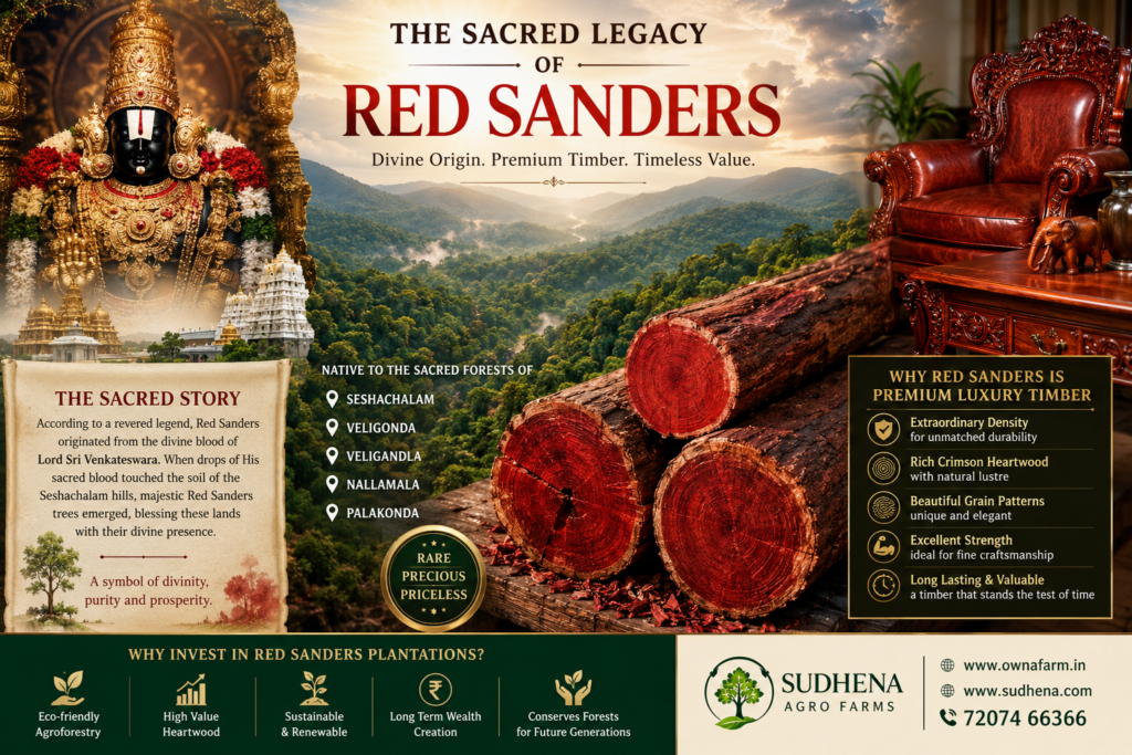 Illustration of Lord Sri Venkateswara, the sacred forests of Seshachalam, Veligonda, Veligandla and Nallamala, premium Red Sandalwood logs, and luxury handcrafted furniture representing the spiritual heritage and value of Red Sanders.