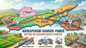Infographic map illustrating the Markapuram–Kanigiri–Pamur growth corridor in Andhra Pradesh, highlighting agricultural farmland, industrial zones near Donakonda, and railway infrastructure for prospective land investors.