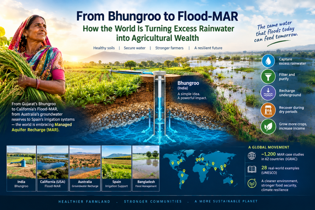 From Gujarat's ingenious Bhungroo system to California's Flood-MAR and Australia's underground water reserves, a global movement is changing the way farmland stores water