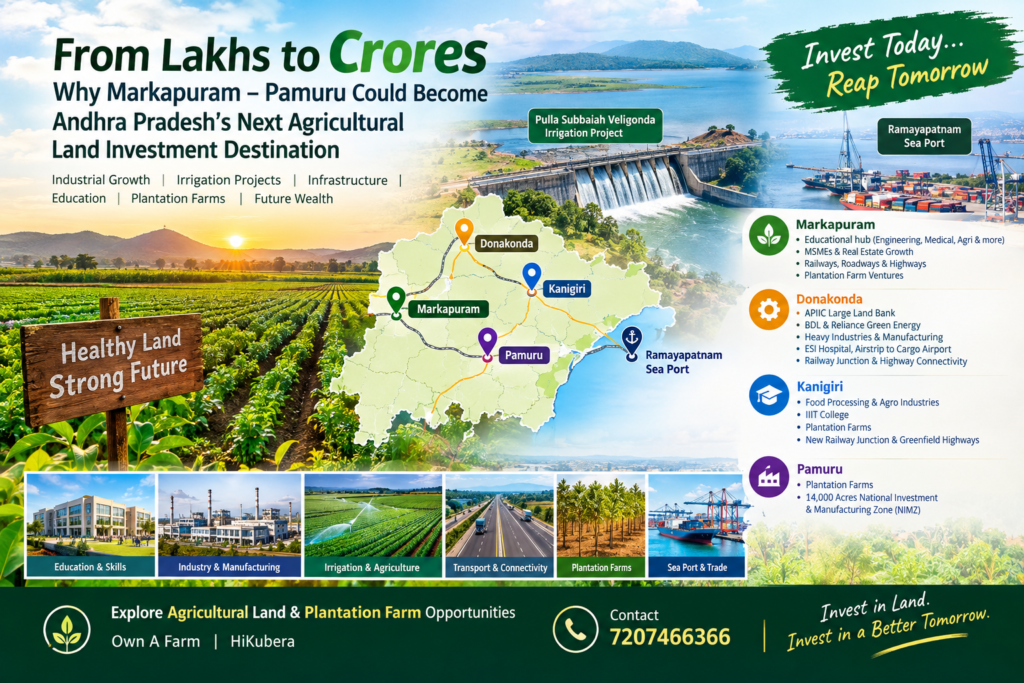 Agricultural land investment opportunities in Markapuram, Pamuru, Kanigiri and Donakonda, Andhra Pradesh, highlighting plantation farms, Veligonda irrigation project, industrial development, highways, railways and Ramayapatnam Sea Port.