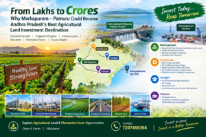 Agricultural land investment opportunities in Markapuram, Pamuru, Kanigiri and Donakonda, Andhra Pradesh, highlighting plantation farms, Veligonda irrigation project, industrial development, highways, railways and Ramayapatnam Sea Port.