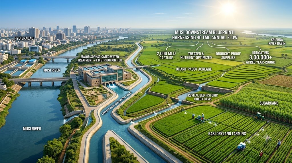 Musi River Irrigation Blueprint | Urban Wastewater to Downstream Farming Infographic
