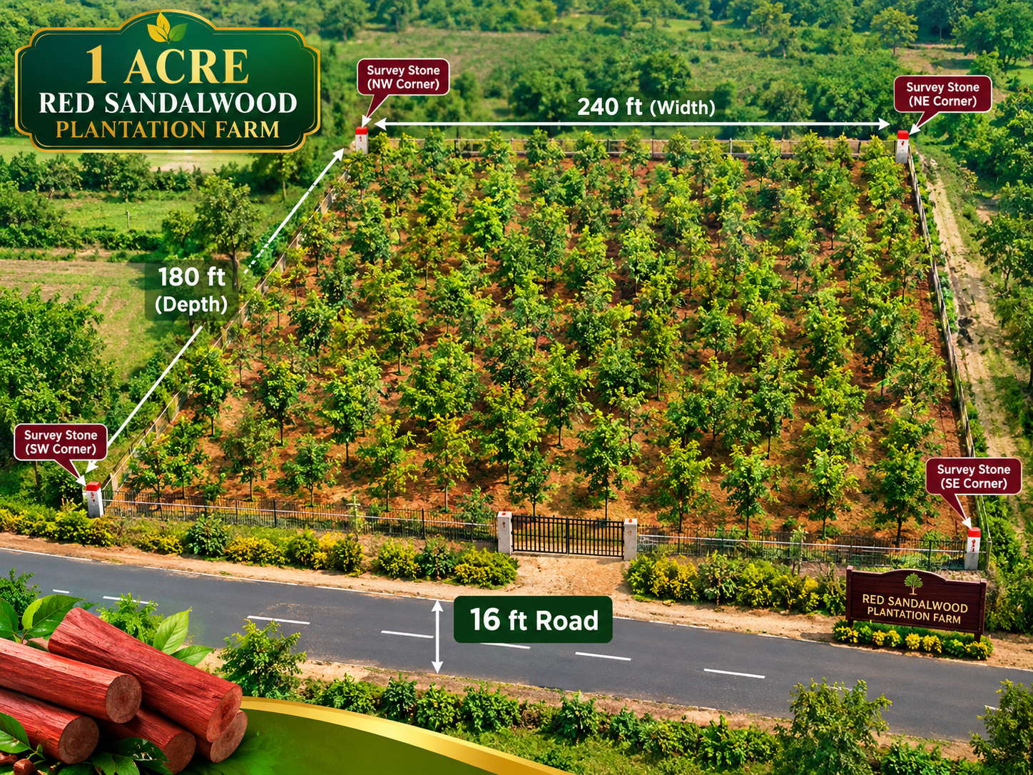 Aerial view of a one-acre red sandalwood plantation farm measuring 240 feet width × 180 feet depth, with four corner survey stones, boundary fencing, entrance gate and 16 feet mud road frontage.