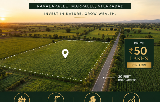 Aerial view of 4-acre commercial farmland in Ravalapalle, Marpalle, Vikarabad with borewell, 20-foot road connectivity, and investment potential