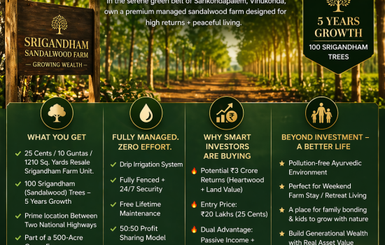 Sandalwood plantation farm in Sarikondapalem Vinukonda with 100 Srigandham trees 5 years growth managed farmland investment Andhra Pradesh