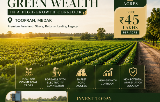 2 acres farmland for sale in Toofran Medak with borewell electricity 20 feet road access commercial crops high appreciation land investment