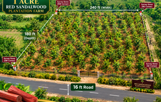 Aerial view of a one-acre red sandalwood plantation farm measuring 240 feet width × 180 feet depth, with four corner survey stones, boundary fencing, entrance gate and 16 feet mud road frontage.